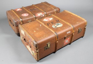 2 wooden and fibre bound cabin trunks formerly the property of Phyllis Mudford King 1905- 2006, Wimbledon Ladies Doubles Champion 1931, having various photographs within and Cunard Line labels and also Lawn Tennis Association labels to lids 