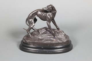 A bronze figure of a greyhound, raised on oval marble base