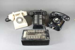 A white Bakelite dial telephone, a metal bell wall mounting telephone and 2 internal telephones