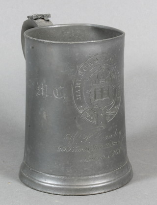 A Victorian engraved pewter tankard for Marlborough College dated 1867, lid missing and glass base f,