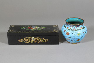 A blue ground cloisonne enamelled jardiniere 4" together with a Victorian black lacquered trinket box with hinged lid 8.5"