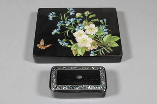 A Victorian rectangular paper mache snuff box 3" together with a lacquered box with floral decoration and hinged lid 5" 