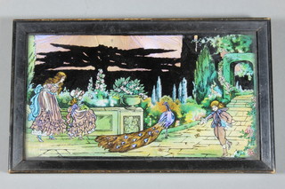 A butterfly picture depicting figures on a terrace with peacock 4" x 7" 