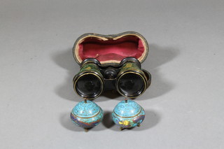 A pair of blue ground cloisonnÃ© jars and covers and a pair of opera glasses