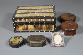 A rectangular porcupine quill box 6", a micro mosaic frame, a brass trinket box and 2 others