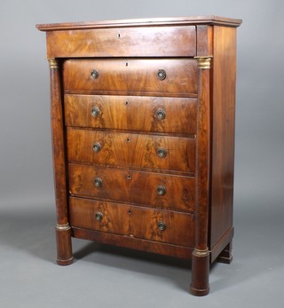 A mid 19th Century mahogany tall chest of drawers with frieze drawer and 5 long drawers, flanked by gilt mounted columns, raised on round legs 59.5" x 43" x 20.5" ILLUSTRATED 