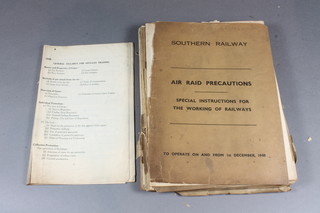 A collection of Southern Railway ephemera relating to WWII including Horsham Road, Crawley 1938 anti-gas training  booklet, a December 1940 Southern Railways air raid  precautions booklet, and a July 1938 Southern Railways central  division working time tables will be withdrawn and other  ephemera