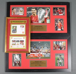 A Manchest United Alex Ferguson first day cover and set of stamps - framed, together with a Manchester United Barclays Premiership Championship 2006/7 season framed team photograph and a framed photograph of Cristiano Renaldo 14" x 27"