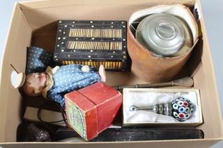 A porcupine quill box 4 1/2", a Cyroscope top and a carved pipe etc