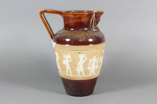 A Doulton style salt glazed jug decorated Egyptian scenes, the base incised RD 121031 9"