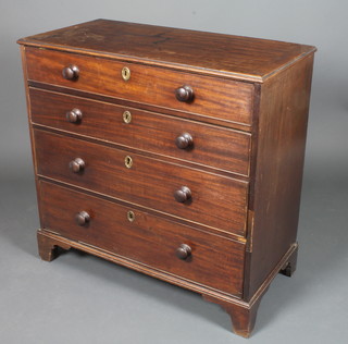 A George III mahogany chest with crossbanded top fitted 4 long drawers with tore handles, raised on bracket feet 36"h x 37"w x  18"d