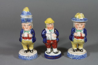 A set of 3 19th Century Toby style polychrome condiments 4"