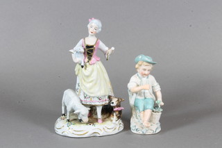 A porcelain figure of a standing shepherdess 7" and 1 other of a  seated boy, both f,