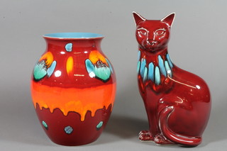 A Poole figure of a seated cat (chip to ear) 12" and a ditto jardiniere 10"