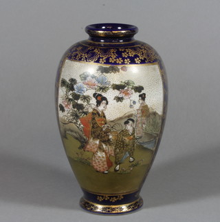 A Satsuma overform vase, the blue ground decorated panels of figures in garden landscapes 8"