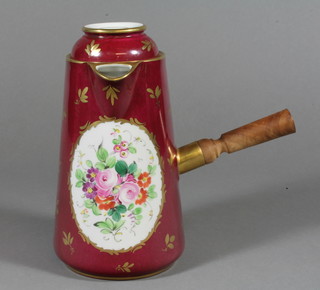 A Limoges chocolate pot, the red ground decorated with flowers 8"