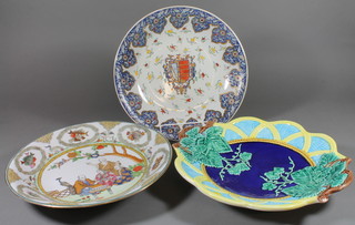 A modern Majolica style dish with vineous decoration 14" and 2 others