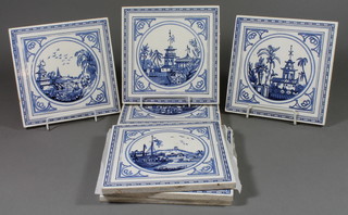8 Mintons chinoiserie style blue and white tiles 8"