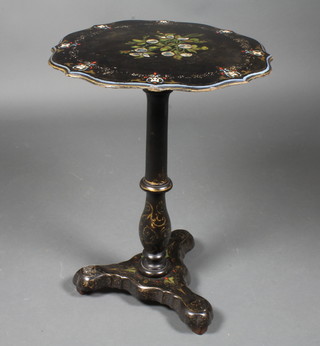 A Victorian papiermache pedestal tilt top table raised on a  column with triform base 27"h x 20"diam. ILLUSTRATED