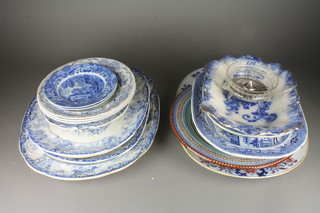 A quantity of mainly Victorian blue and white china including meat plates, dishes etc