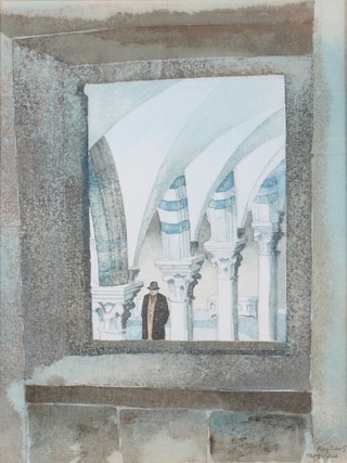 Ray Evans RI, FSAI, 20th Century British School, watercolour  on paper "The Custodian Tarquinia", an architectural study with  figure in foreground, signed, 10.25"h x 8"w