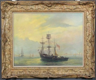 J F Webb, oil on canvas, maritime scene, study of ships before a town 18" x 17"