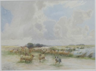Sidney Pike, fl.1880-1901, an early 20th Century British School,  watercolour on paper, study of Romney Marsh sheep grazing   with shepherds in foreground, signed and dated 1915, 10"h x  13.75"w
