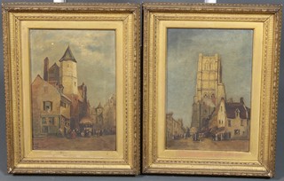 H S H, 1885, oil paintings a pair,  Continental town scapes with figures, monogrammed and dated 13" x 8 1/2"