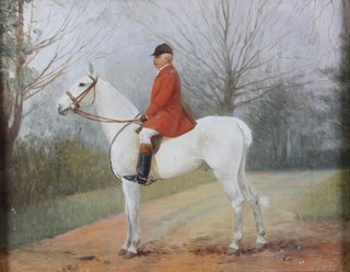 F A Smith, 20th Century British School, oil on canvas, study of  a mounted huntsman upon a white stallion, signed, 7.75"h x  9.75"w