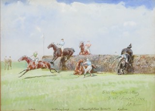 John Beer, op.1895-1915, 20th Century School, watercolour on  paper, "The Fence After Valentines Champions, Fith Chase",  study of a horse race with fallen horses in foreground, bears  names of horses to bottom margin, 10"h x 14"w