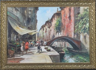 20th Century oil painting, Venetian canal scene with figures, signed 26" x 38"