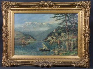 H Thornton, early 20th Century British School, oil on canvas, an Italian lake scene with town quay in foreground and the Dolomites to the distance, signed and dated 1916, 19.5"h x 29.5"w ILLUSTRATED