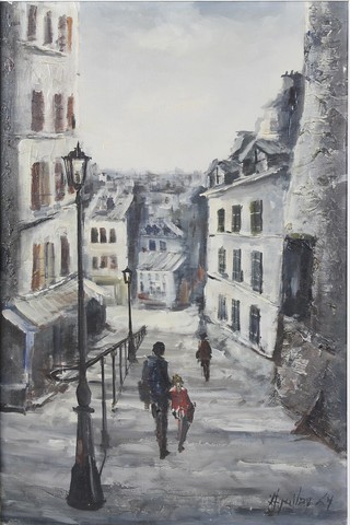 Jorge Aguilar-Agon (b1936), oil on canvas, a Parisian street scene with figures and building, signed 29" x 19" ILLUSTRATED