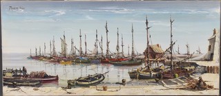 Jorge Aguilar-Agon (b1936), oil on canvas, a Continental harbour scene with moored boats and figures, signed 20" x 45"