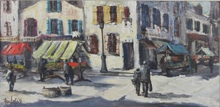 Jorge Aguilar-Agon (b1936), oil on canvas, Continental street scene with market stall and figures, signed 19" x 39"