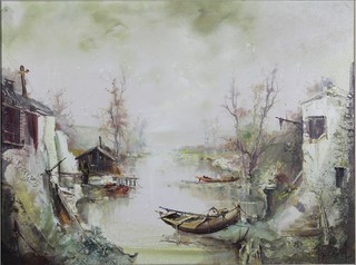 Jorge Aguilar-Agon (b1936), oil on canvas, a Continental river scape with figures and boats, signed 29.5" x 39.5"
