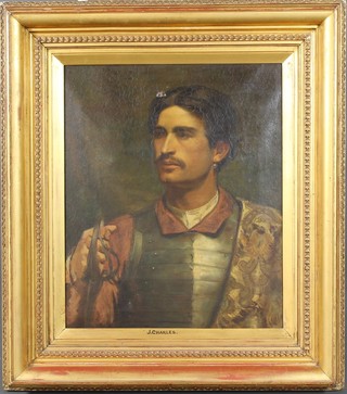J Charles, oil,  a 19th Century Continental study of a gentleman wearing armour and holding a sword, 23" x 19"  ILLUSTRATED