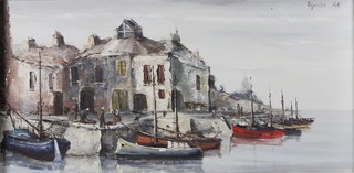 Jorge Aguilar-Agon (b1936), oil on canvas, a Continental harbour scene with figures in buildings, signed, 19.5" x 39"
