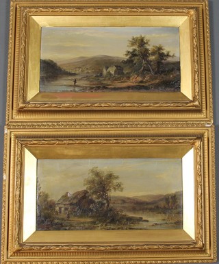 19th Century, oils, a pair of lake side views with figures and buildings, indistinctly signed 7.5" x 15.5" 