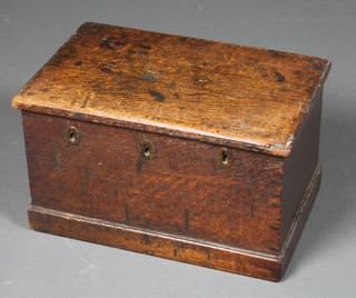 An 18th Century oak strong box with hinged lid fitted 3 locks 10.5" x 18"w x 11"