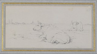 Eugene Vorborekhaven, pencil drawing, study of a cow in a field with distant buildings 3" x 6"