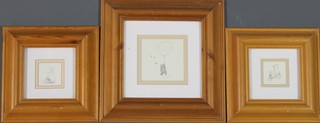 After E H Shepard, 3 pencil print studies of Winnie The Pooh  7" x 7" (2) and  9" x 9" (1)