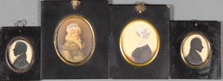Miniatures, a 19th Century study of a lady 4" x 2 1/2", 1 other and 2 silhouette miniatures 