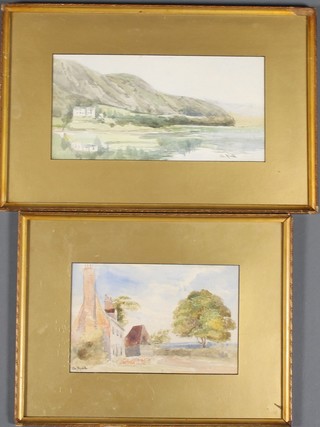 A Hulk, watercolour, a lakeside scene with buildings and hills 6" x 12" and 1 other country lane with buildings 9 1/2" x 6" 