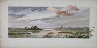 M Campion, watercolour, artists proof, study of an aircraft flying  over a lake in the rain 11" x 29"