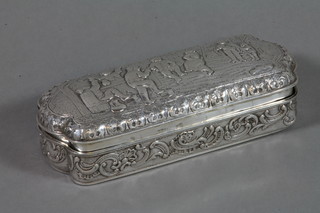 A 19th Century Continental repousse silver trinket box, decorated a scene of revellers in an inn, 6" 