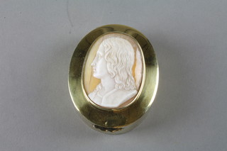 A Victorian oval silver gilt box with cameo to lid, Birmingham 1890