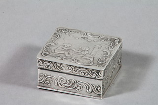 A Continental repousse silver square box with cherub decoration 2"