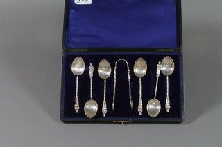 A set of 6 cased silver apostle teaspoons and nips