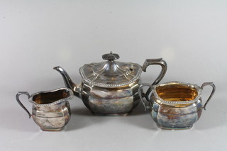 A silver plated 3 piece tea set with gadrooned rims